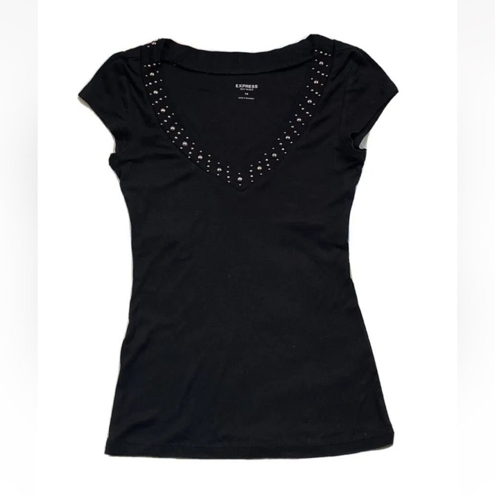 Express Sexy Basics Black W/ Studded Trim Cap Sleeve V-Neck Top Women Size XS - Picture 2 of 9
